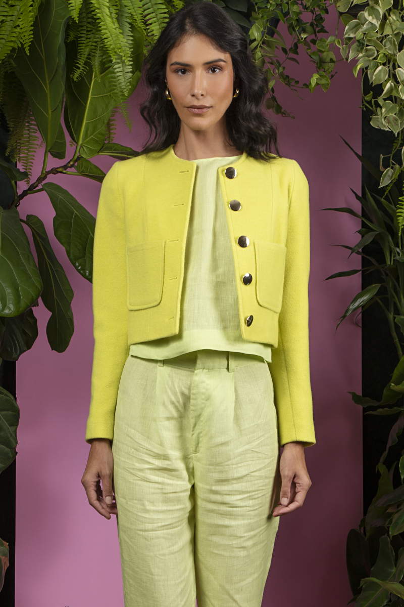 Casaco Cropped de Lã Batida Verde Lima