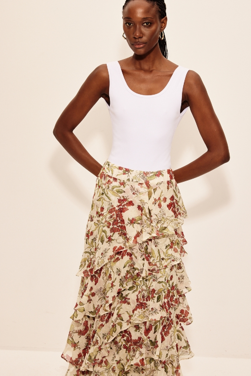 Saia Macchiato Estampa Floral Cafezal